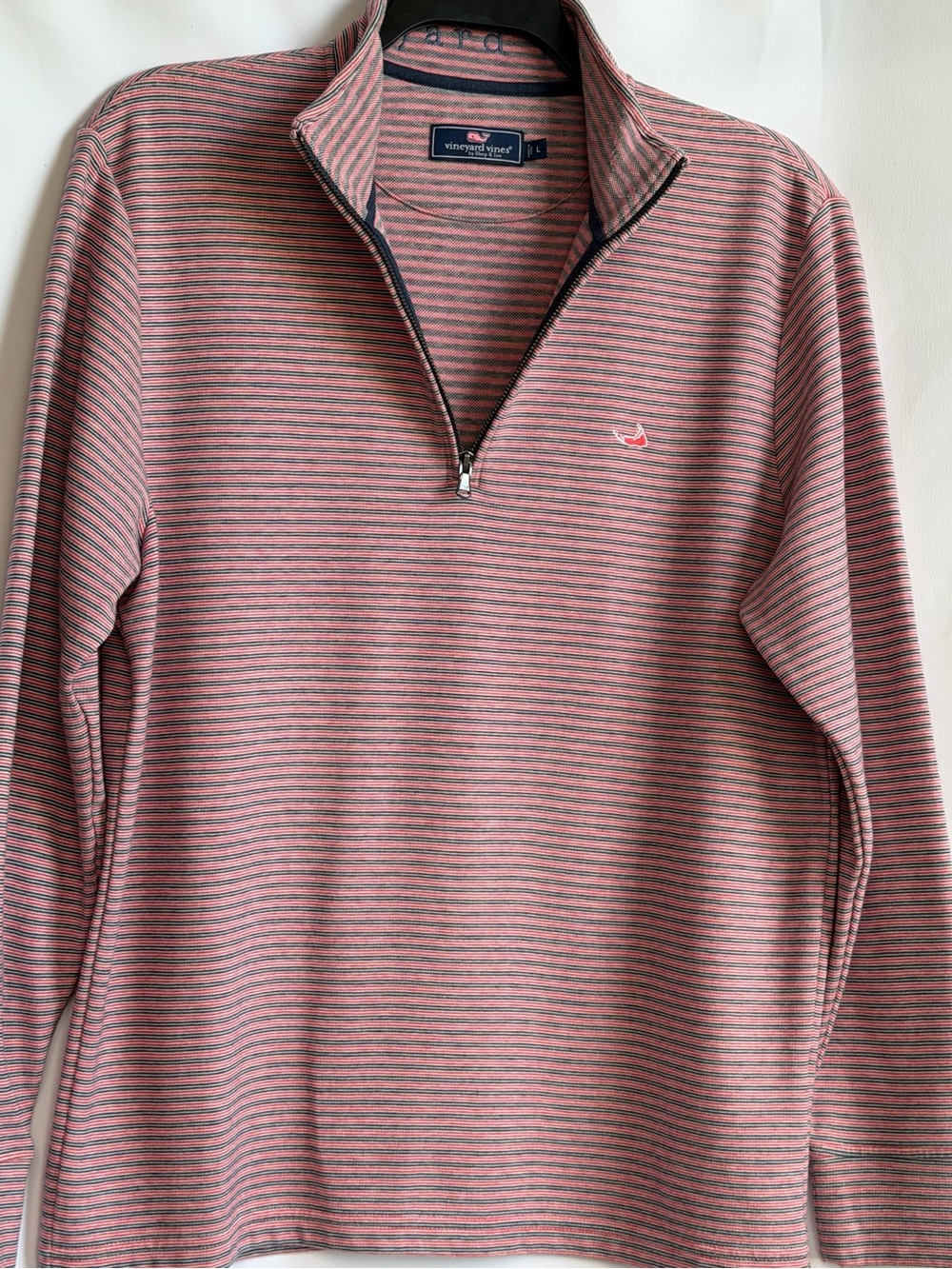 Vineyard Vines Men's Pink and Gray Striped Quarter-Zip Pullover